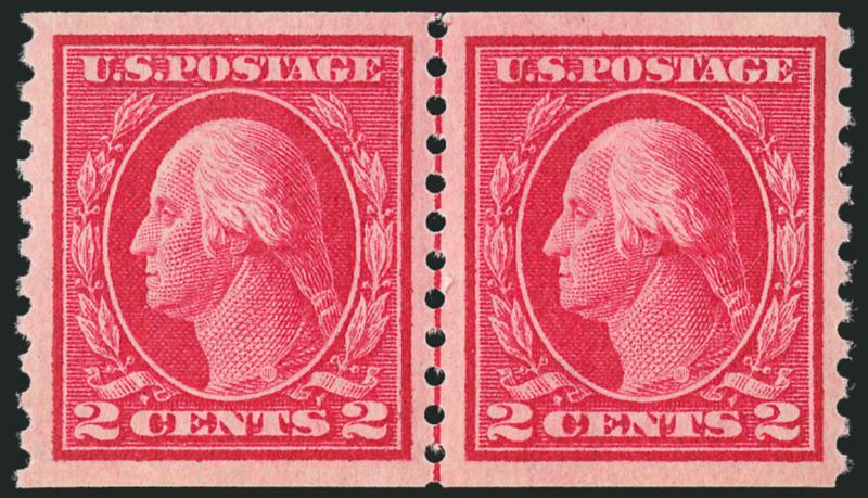 2c Carmine, Coil (444).> Mint N.H. guide line pair, wide margins and nearly perfectly centered, lovely color, Extremely Fine, with 1998 and 2005 P.S.E. certificates, (XF 90 SMQ $1,100.00)