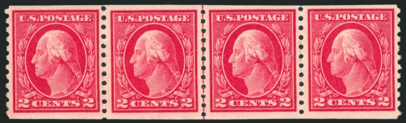 2c Carmine, Coil (444).> Mint N.H. guide line strip of four, vivid color and sharp impression, faint pencil 1914 on back of pos. 3, Very Fine, with 2005 P.S.E. certificate