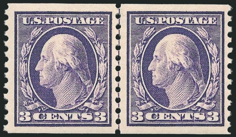 3c Violet, Coil (445).> Guide line pair, wide margins and very well-centered, rich color and clear impression, right stamp disturbed original gum from hinge removal, Very Fine-Extremely Fine, with 1996 P.F.
certificate that does not mention the gum d