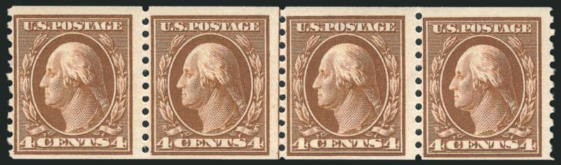 4c Brown, 5c Blue, Coils (446-447).> Mint N.H. guide line strips of four, exceptionally fresh, each with faint pencil 1914 on back of pos. 3, Fine lot, each with 2005 P.S.E. certificate