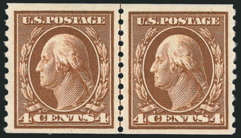 4c Brown, Coil (446).> Guide line pair, single light hinge mark, pretty shade, Very Fine and choice, with 1999 A.P.S. certificate