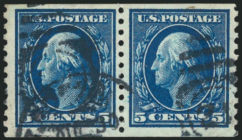 4c Brown, 5c Blue, Coil (446-447).> Pairs, oval grid duplex cancels, Fine-Very Fine, with 2004 P.F. and 2000 P.F. certificate respectively