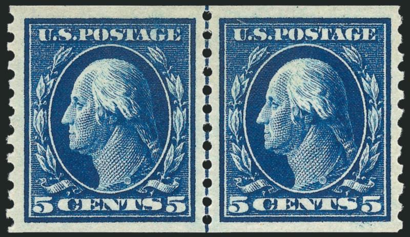 5c Blue, Coil (447).> Guide line pair, extraordinarily well-centered with choice margins, intense color, lightly hinged, Extremely Fine, with 1994 P.F. certificate