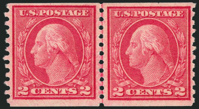 2c Carmine Rose, Ty. I, Coil (453).> Joint line pair, pretty shade, most recent certificate notes tiny nick at top of right stamp, otherwise Fine-Very Fine, with 1979 and 2004 P.F. certificates