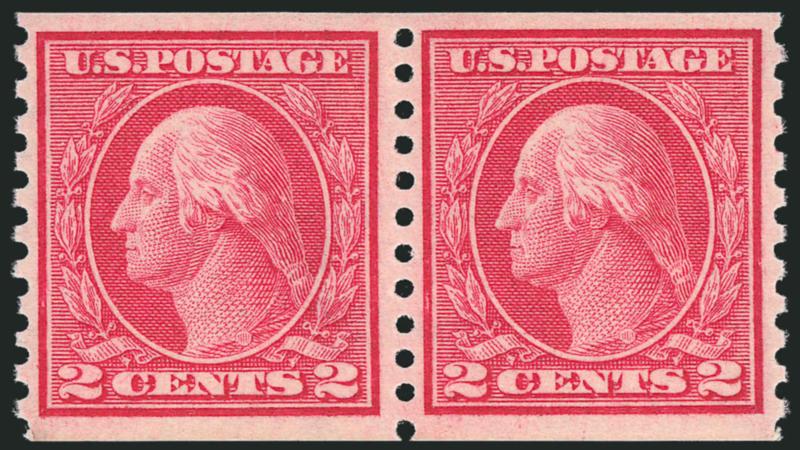 2c Carmine Rose, Ty. I, Coil (453).> Mint N.H. pair, fresh, bright color, Very Fine and choice, with 2003 P.F. certificate for strip of four