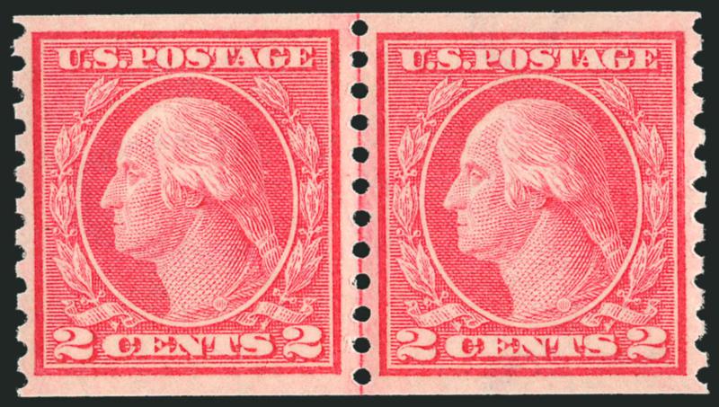 2c Red, Ty. II, Coil (454).> Mint N.H. joint line pair, brilliant color, choice centering, Extremely Fine, with 2000 and 2006 P.S.E. certificates (XF 90 SMQ $1,300.00)