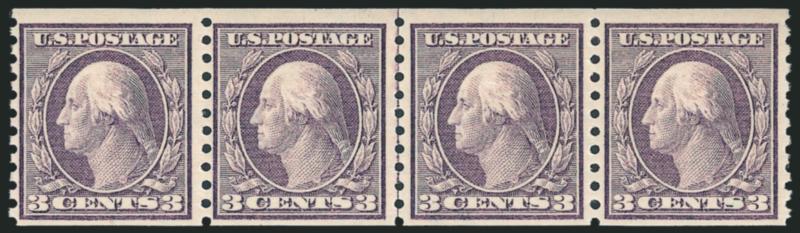 3c Violet, Coil (456).> Mint N.H. joint line strip of four, attractive pastel color, Fine, with 2005 P.S.E. certificate