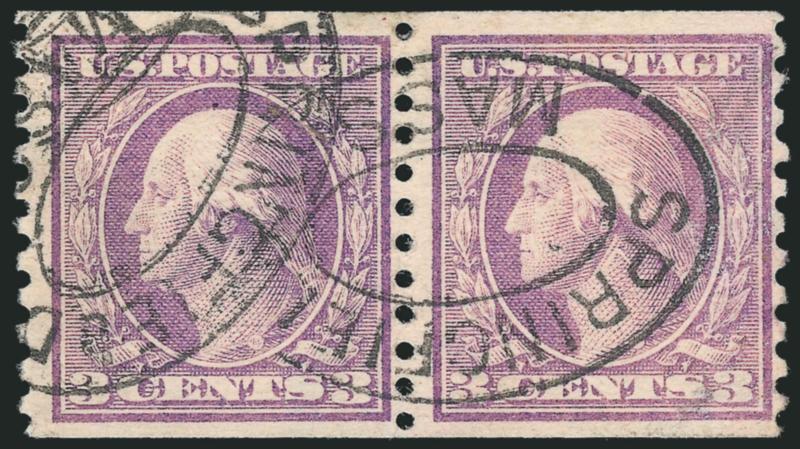 3c Violet, Coil (456).> Pair in seldom-seen light pastel color, Springfield Mass. double oval cancels, Fine and scarce, with 2006 P.S.E. certificate