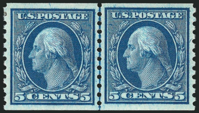 5c Blue, Coil (458).> Joint line pair, barest trace of hinging, precisely centered, strong color, Extremely Fine Gem, with 2004 P.S.E. certificate (OGph, XF-Superb 95 SMQ $310.00)