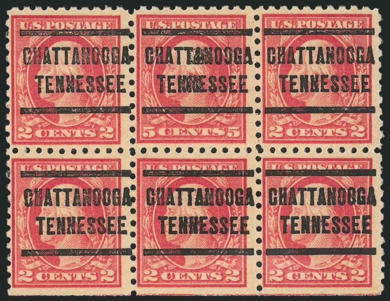 5c Carmine, Error (467).> Top center stamp in horizontal block of six, natural s.e. at bottom, Chattanooga Tennessee precancel, Fine and scarce