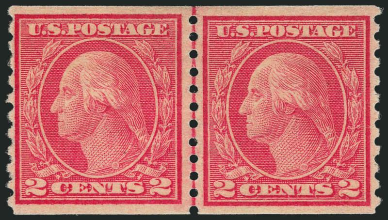 2c Carmine, Ty. II, Coil (491).> Joint line pair, lightly hinged, radiant color, exceptionally well-centered, tiny corner crease at top right<><>^EXTREMELY FINE APPEARANCE. A WELL-CENTERED JOINT LINE PAIR OF
THE RARE 2-CENT TYPE II PERF 10 HORIZONT