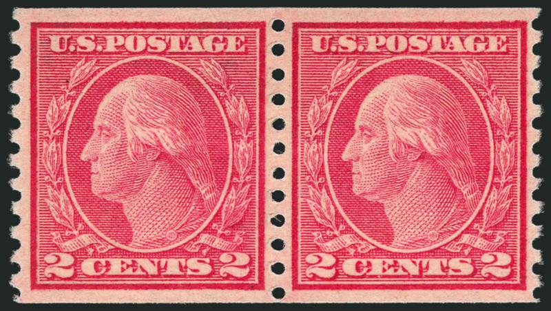 2c Carmine, Ty. II, Coil (491).> Pair, exceptionally well-centered, brilliant color<><>^EXTREMELY FINE. A SUPERB PAIR OF THE RARE 2-CENT TYPE II PERF 10 HORIZONTAL COIL ON UNWATERMARKED PAPER.^<><>Unlike most
other issues, the horizontal coil is