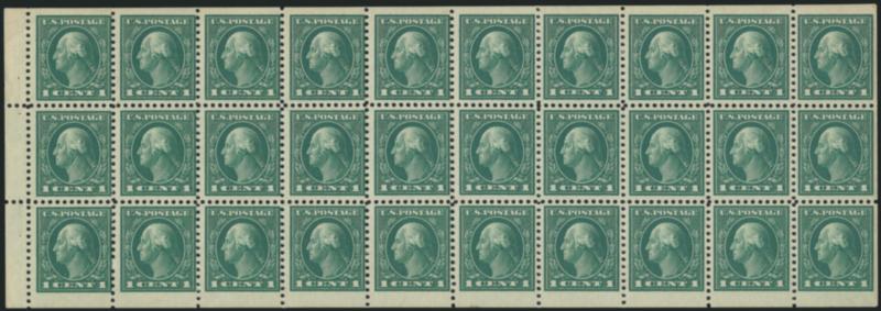 1c Green, A.E.F. Booklet Pane (498f).> Mint N.H., unusually fresh, tab at left, typical centering, attractive and Fine-Very Fine