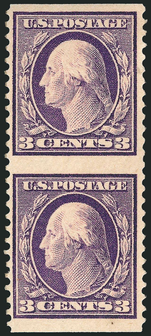 3c Light Violet, Ty. I, Vertical Pair, Imperforate Horizontally (501c).> Lightly hinged, rich color, wide margins<><>^EXTREMELY FINE. A EXCEEDINGLY RARE ORIGINAL-GUM EXAMPLE OF THE 3-CENT SCOTT 501 VERTICAL
PAIR, IMPERFORATE HORIZONTALLY.^<><>We