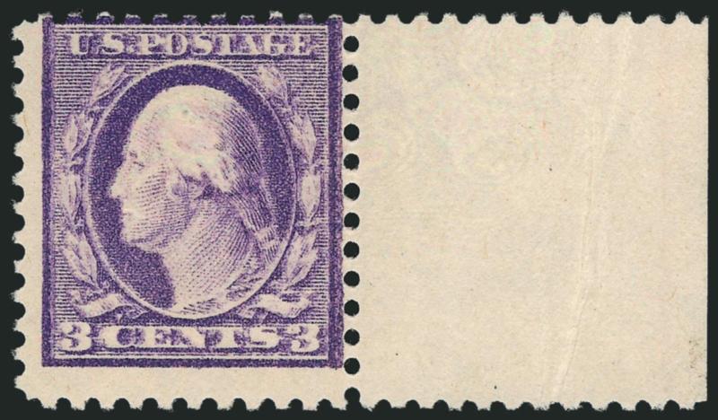 3c Light Violet, Ty. I, Double Impression (501d).> Mint N.H. with right selvage, fresh and bright with clear doubling, perfs close to barely into design at top, a desirable and collectible example of this rare
printing anomaly, in all likelihood the