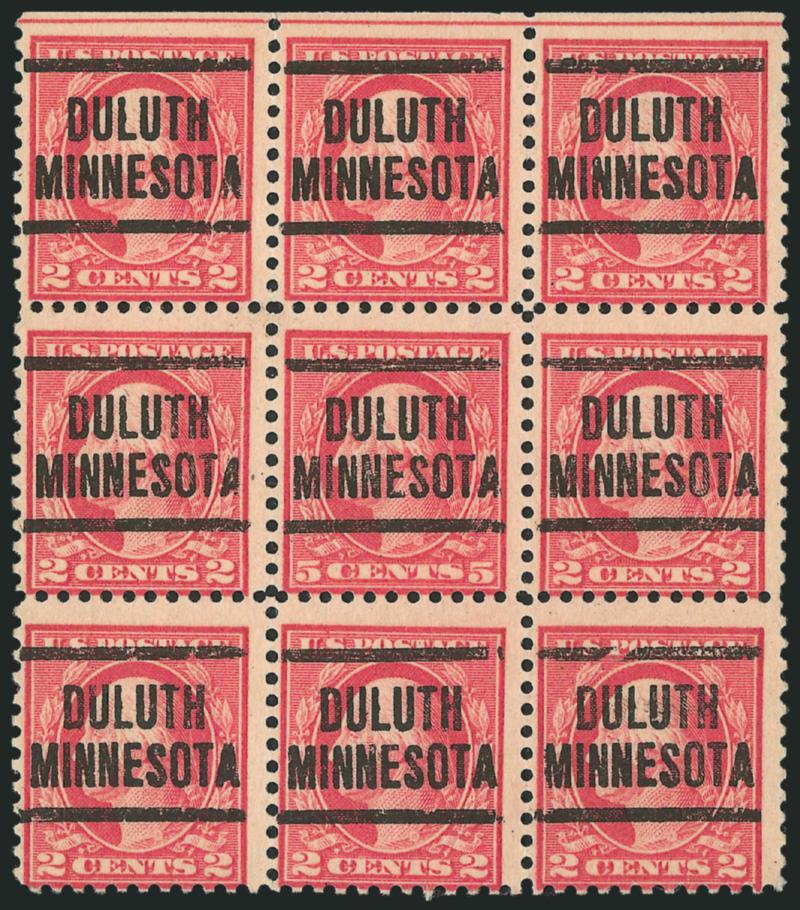5c Rose, Error (505).> Center stamp in block of nine, Duluth Minnesota precancel, Fine and scarce
