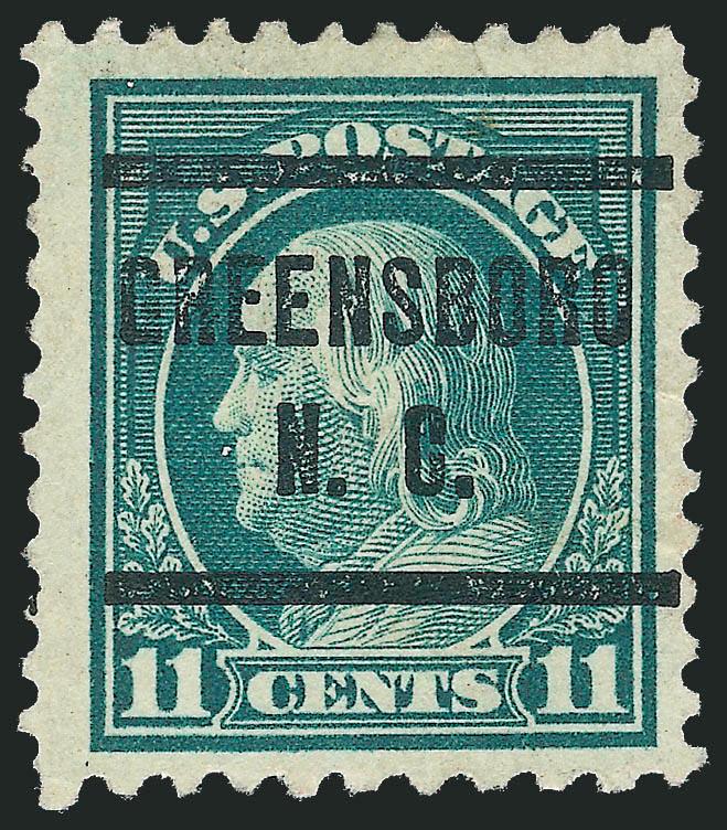 11c Light Green, Perf 10 at Bottom (511a).> Choice margins and centering, Greensboro N.C. precancel, some slight creasing, otherwise Extremely Fine, scarce, ex Boker, with 1961 P.F. certificate