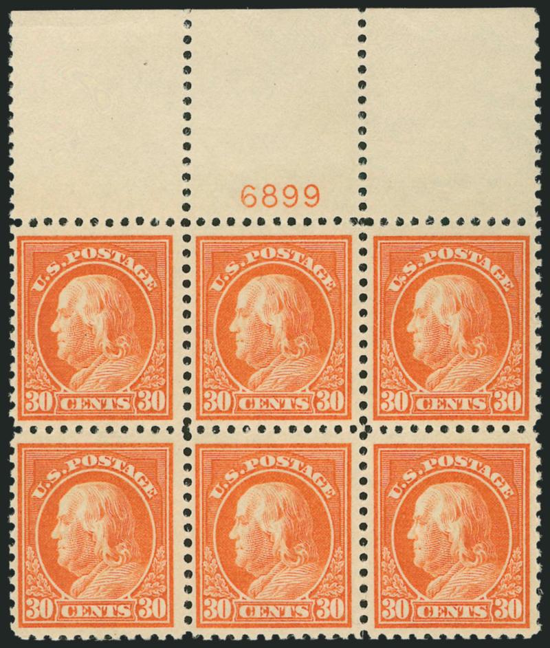 30c Orange Red (516).> Mint N.H. top plate no. block of six, vibrant color, fresh and Very Fine, with 2003 P.F. certificate