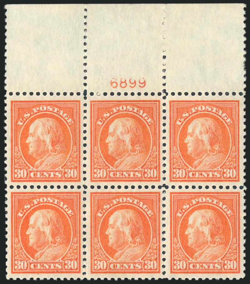 30c Orange Red (516).> Mint N.H. wide top plate no. 6899 block of six, choice margins with bright color, small internal tear in right selvage, otherwise Very Fine, with 2005 P.F. certificate
