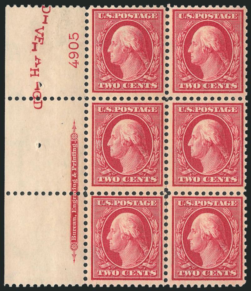 2c Carmine (519).> Wide left imprint and plate no. 4905 block of six, remarkably well-centered and exceptionally fresh, pos. 5 gold colored adherence, pos. 4 minor thin spot, Fine-Very Fine appearance, rare
plate block, pencil Costales on back of s