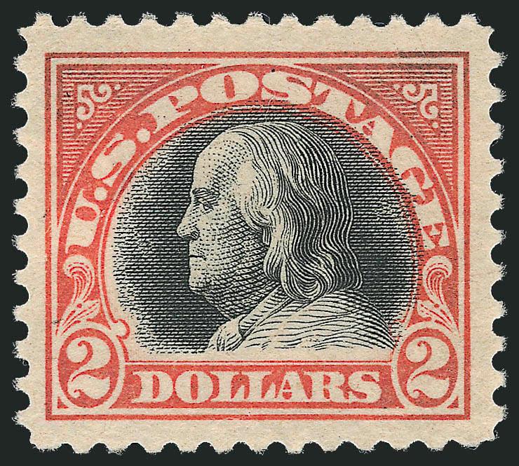 $2.00 Orange Red & Black (523).> Mint N.H., wide margins, easily a Jumbo, well-centered, reperfed at bottom, Extremely Fine appearance, with 1991 P.F. certificate that does not mention the reperforation and
2008 P.S.E. certificate