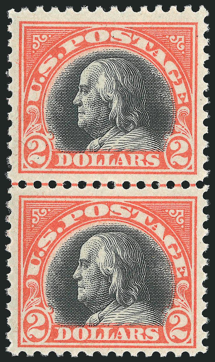 $2.00 Orange Red & Black (523).> Mint N.H. vertical pair with horizontal guide line between, wonderfully fresh with lovely colors, bottom stamp Fine top stamp Very Fine and choice