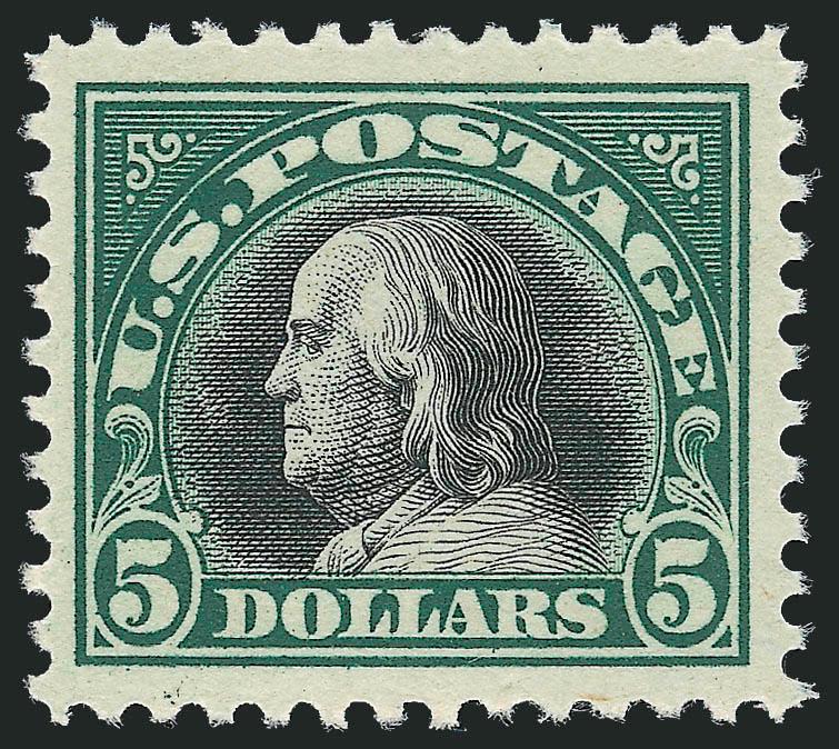 $5.00 Deep Green & Black (524).> Mint N.H., Jumbo margins and well-centered, crisp impression, Extremely Fine, with 1998 P.F. certificate for block and 2008 P.S.E. certificate (XF 90 Jumbo SMQ $530.00 as 90,
$1,200.00 as 95)