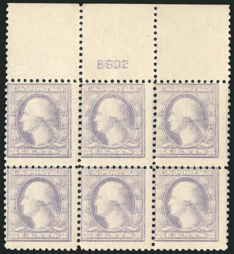 3c Light Violet, Ty. III, Double Impression (529a).> Top plate no. 8602 block of six, clear doubling of design, pretty color, perfs close to slightly in, scarce plate block, with 2009 P.F. certificate, Scott
Retail as Mint N.H. singles with no premiu