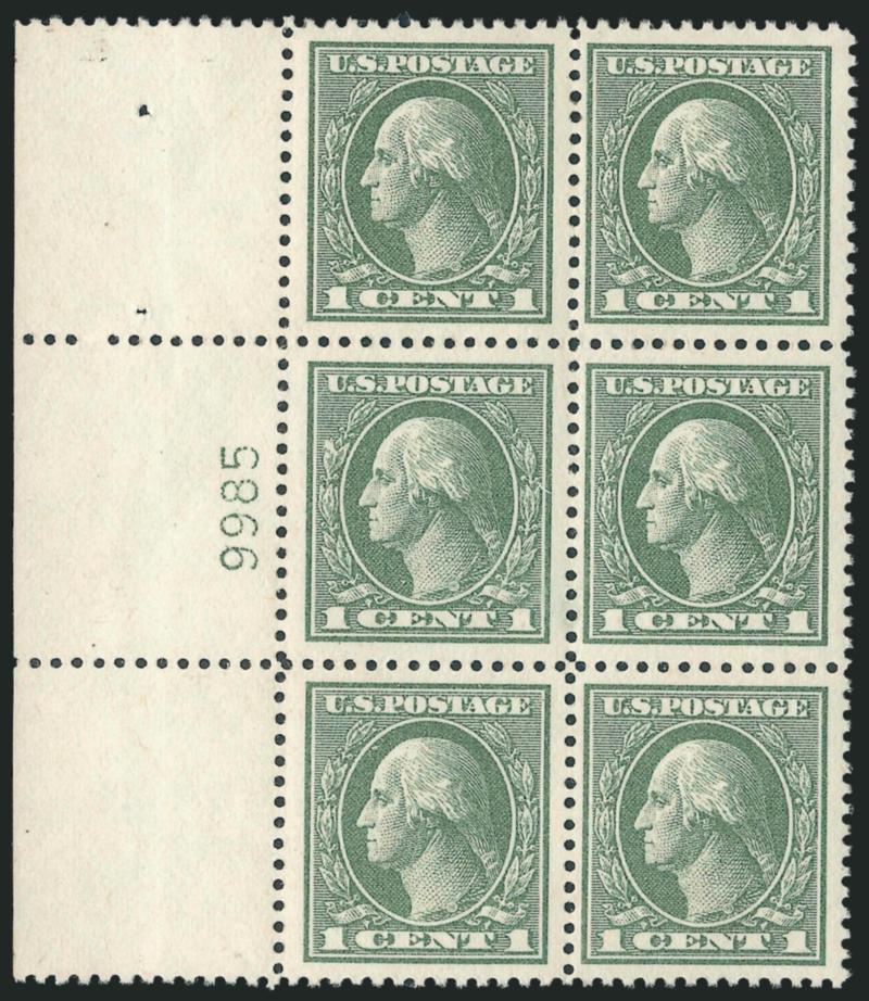 1c Gray Green (536).> Mint N.H. wide left plate no. 9985 block of six, crisp with pristine color, small minor natural wrinkle, right three Fine left three Jumbo margins, centered and Extremely Fine