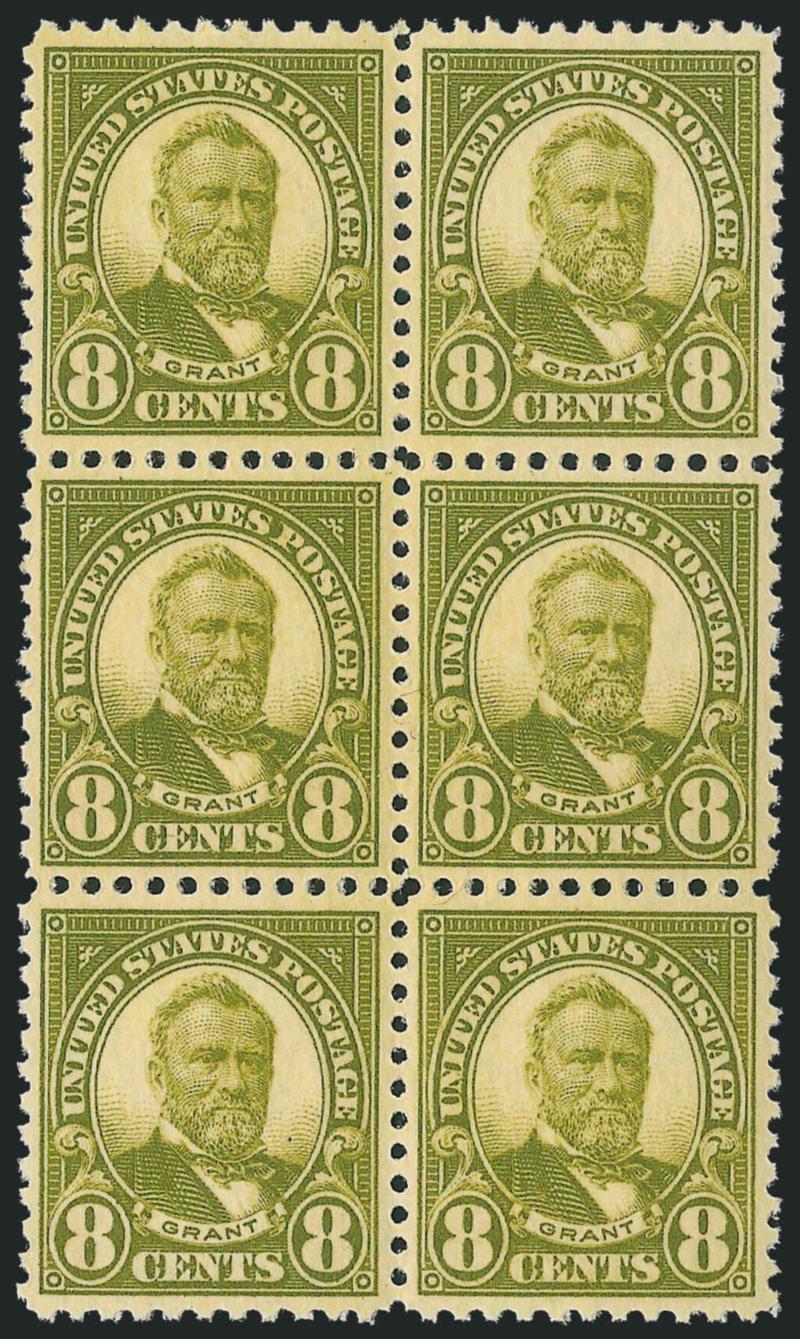 8c Olive Green (560).> Mint N.H. vertical block of six, exceptionally well-centered, vivid color and clear impression, Extremely Fine, each with 2005 P.S.E. certificate (not photocopies), Scott Retail as six
Mint N.H. singles