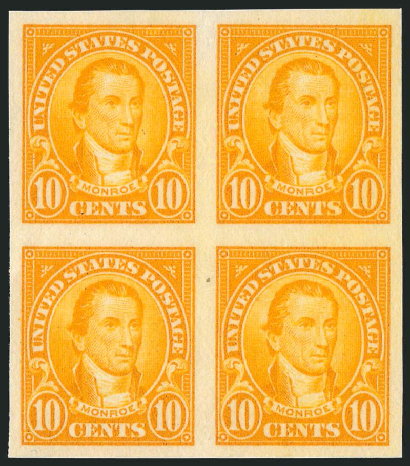 10c Orange, Imperforate Pair (562b).> Block, unused (no gum) as are all known examples, large even margins all around, vibrant color<><>^VERY FINE AND CHOICE. A RARE BLOCK OF THE 10-CENT 1923
IMPERFORATE.^<><>According to <<United States Stamps 1