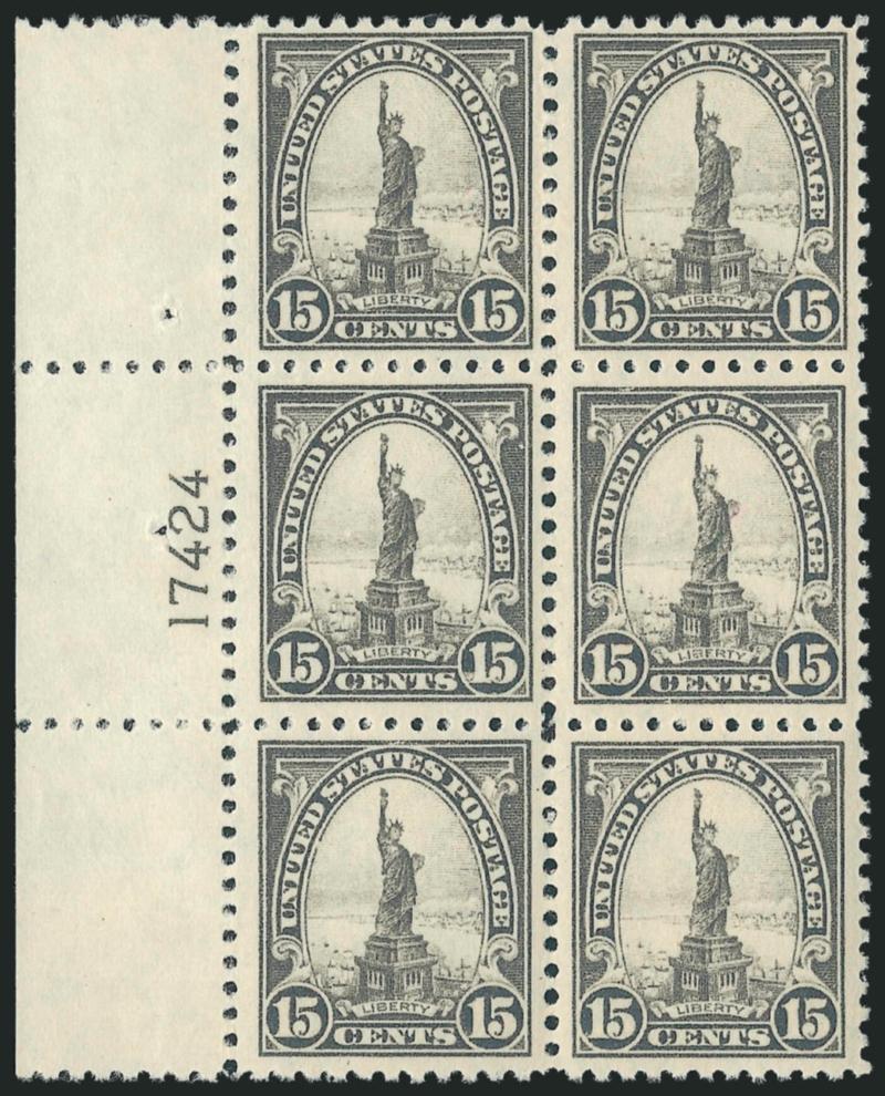 15c Gray (566).> Mint N.H. left plate no. 17424 block of six, fresh and Very Fine, pos. 4 and 6 wide margins and centered, handsome plate block