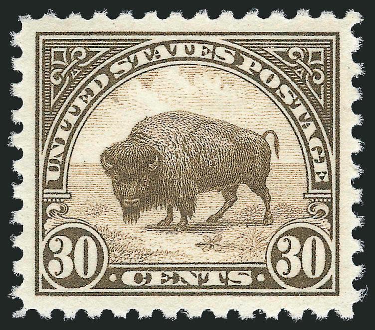 30c Olive Brown (569).> Mint N.H., perfectly balanced wide margins, great color and impression on bright white paper<><>^EXTREMELY FINE GEM. A BEAUTIFUL MINT NEVER-HINGED 30-CENT 1922 ISSUE, WHICH HAS ACHIEVED
THE ULTIMATE P.S.E. GRADE OF GEM 100.^