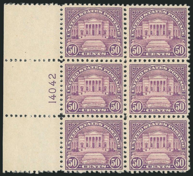 50c Lilac (570).> Mint N.H. wide left plate no. 14042 block of six, lovely color, Fine-Very Fine