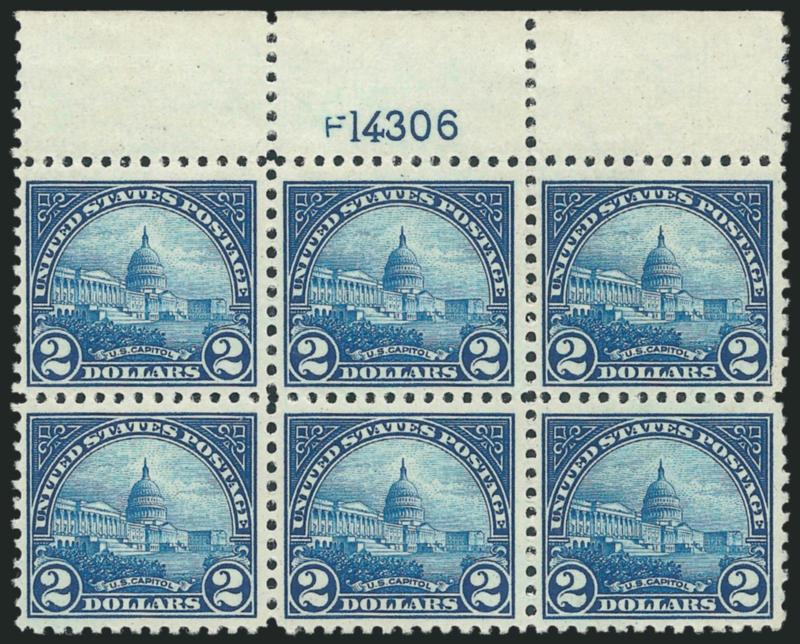 $1.00 Violet Brown, $2.00 Deep Blue (571-572).> Top plate no. blocks of six, $2.00 Mint N.H. and with small natural gum skips, Fine-Very Fine