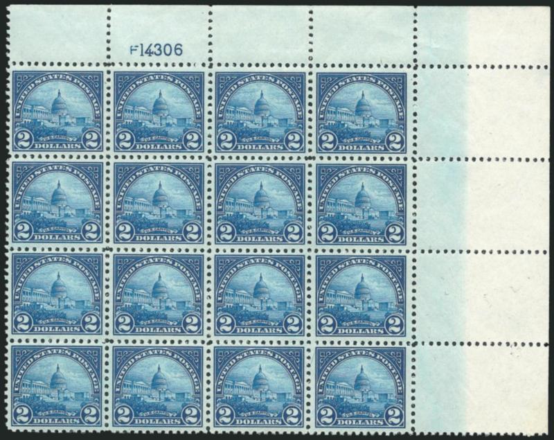 $2.00 Deep Blue (572).> Mint N.H. top right corner selvage plate no. 14306 and F block of 16, bright color, few trivial natural gum skips, Very Fine, attractive large multiple, Scott Retail as Mint N.H. plate
block and singles