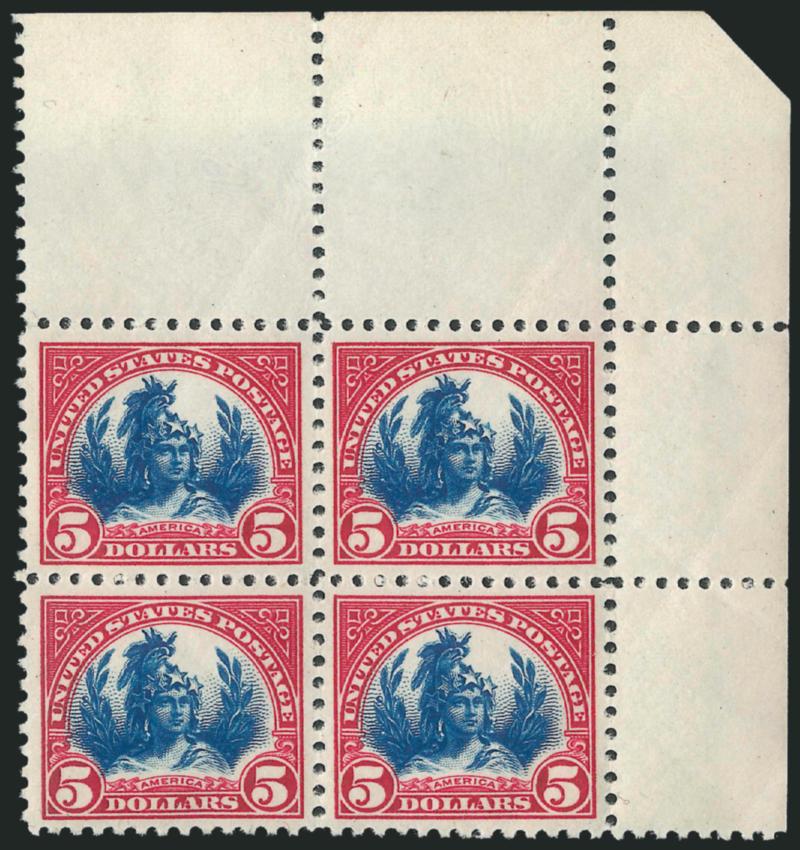 $5.00 Carmine & Blue (573).> Mint N.H. block of four with wide top right corner selvage, intense shade and impression on bright paper, usual light natural gum bends, Very Fine and choice, with 1989 P.F.
certificate, Scott Retail as singles with no pr