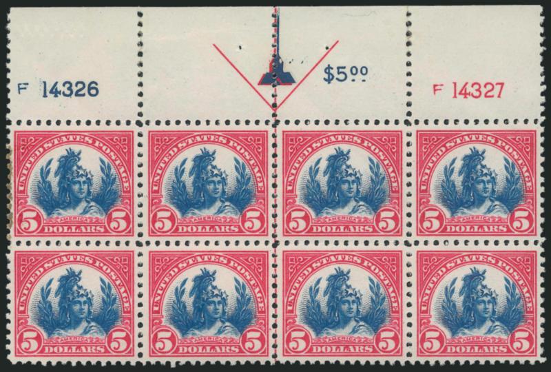 $5.00 Carmine & Blue (573).> Top arrow, denomination and double plate nos. block of eight, stamps Mint N.H., pos. 1 tape stain in left margins, otherwise Very Fine and choice