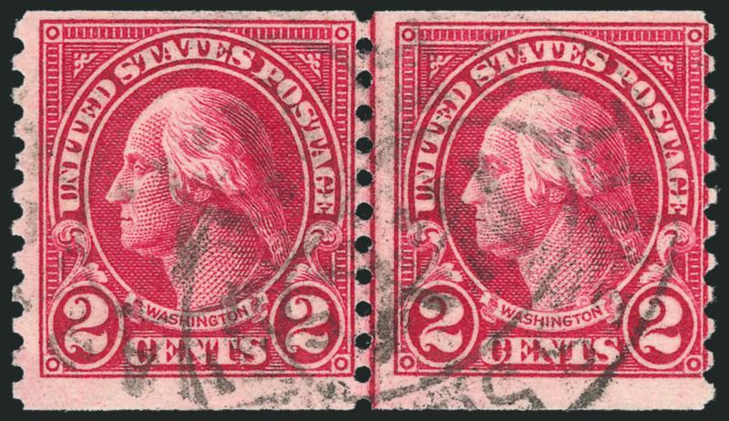 2c Carmine, Joint Line Pair, Ty. I, II (599-599A).> Ty. II-I combination, double oval cancels, Fine, with 1983 P.F. certificate