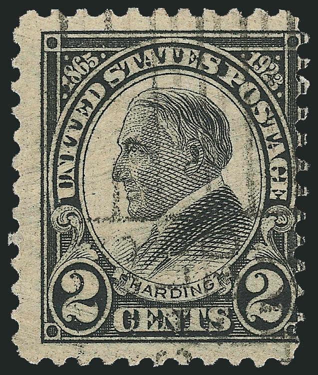 2c Harding, Rotary, Perf 11 (613).> Three wide margins, perfs in at right, sharp impression, neat machine cancel<><>^FINE. A RARE SOUND EXAMPLE OF THE 2-CENT HARDING ROTARY PERF 11, WHICH IS ONE OF THE RAREST
OF ALL 20TH CENTURY ISSUES.^<><>Our c
