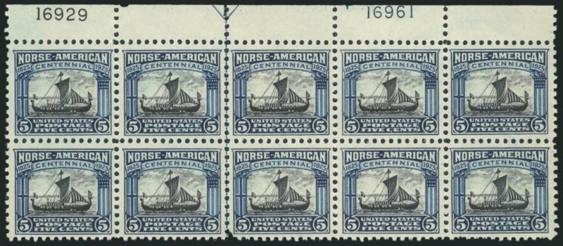 5c Norse-American (621).> Mint N.H. top arrow and double plate no. block of ten, deep rich colors, fresh and Very Fine