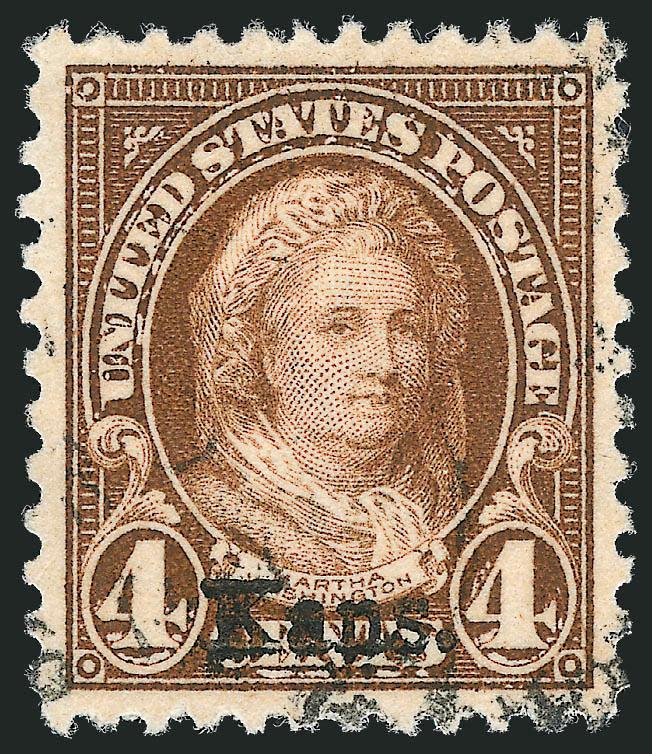 4c Kans. Ovpt. (662).> Rich color on bright paper, gorgeous centering for this difficult issue with wide and balanced margins, face-free strike of cancel at bottom, Extremely Fine Gem, with 2010 P.S.E.
certificate (Superb 98 SMQ $470.00), this is th