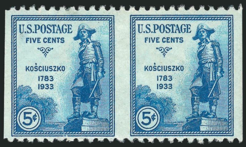 5c Kosciuszko, Horizontal Pair, Imperforate Vertically (734a).> Small thin spot and minor gum toning spot, Fine appearance, only one pane of 100 discovered, therefore only 50 pairs known, four of which are in
the unique plate block of eight