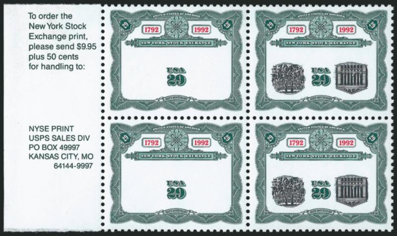 29c New York Stock Exchange Bicentennial, Center Inverted, Omitted (2630b, 2630c).> Mint N.H. block of four with <selvage at left with ordering information on Stock Exchange Print,> brilliant colors, choice
centering<><>^EXTREMELY FINE. THIS IS THE