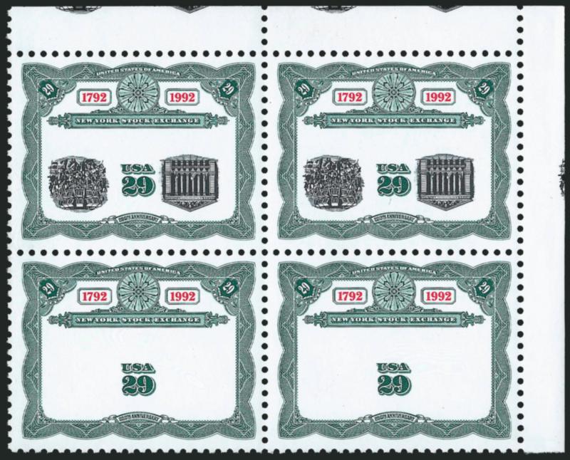 29c New York Stock Exchange Bicentennial, Center Inverted, Omitted (2630b, 2630c).> Mint N.H. block of four with <top right corner selvage,> also showing trace of the vignette in the selvage at top and right,
brilliant colors<><>^EXTREMELY FINE. AN