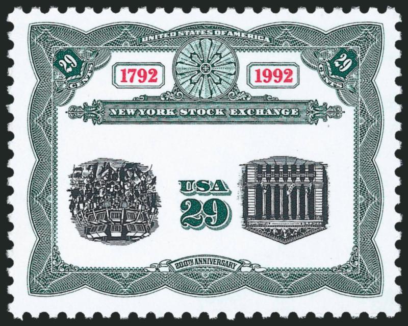 29c New York Stock Exchange Bicentennial, Center Inverted (2630c).> Mint N.H., brilliant colors, wide and balanced margins<><>^EXTREMELY FINE. A DESIRABLE EXAMPLE OF THE 29-CENT NEW YORK STOCK EXCHANGE
INVERT.^<><>Two panes containing this invert