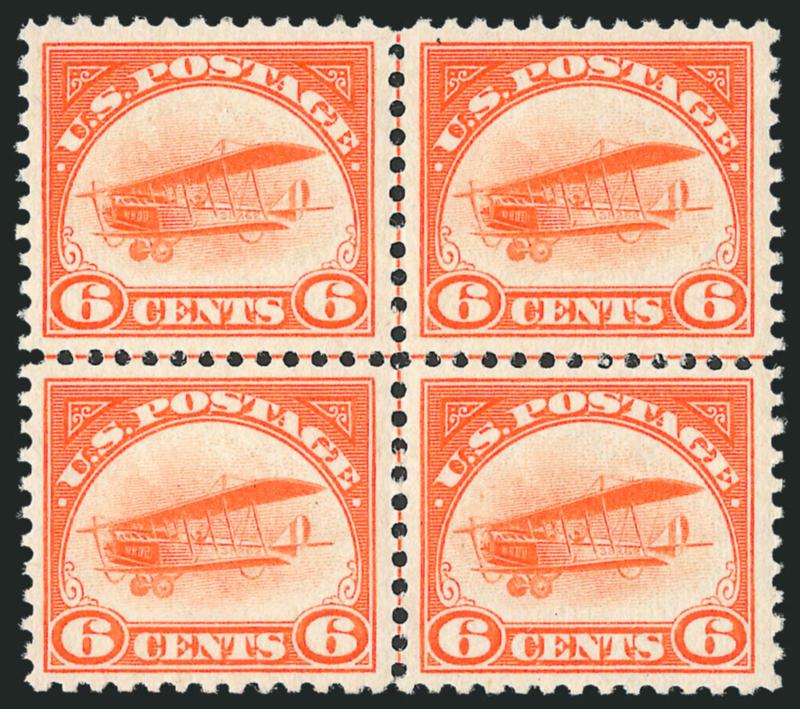 6c Orange, 1918 Air Post (C1).> Centerline block of four, tiny hinge mark on top left stamp, others Mint N.H., bright color, Very Fine-Extremely Fine