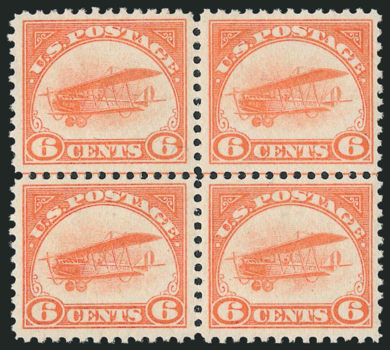 6c Orange, 1918 Air Post (C1).> Block of four with horizontal guide line between top and bottom pairs, top right lightly hinged, other three Mint N.H., Fine-Very Fine