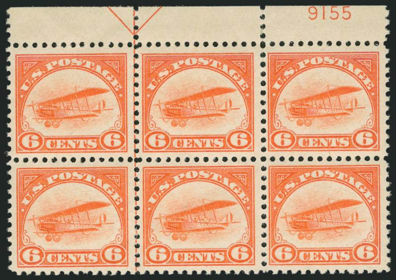 6c Orange, 1918 Air Post (C1).> Mint N.H. top arrow and plate no. 9155 block of six, vibrant color, perf dimple at bottom center, fresh and Fine-Very Fine