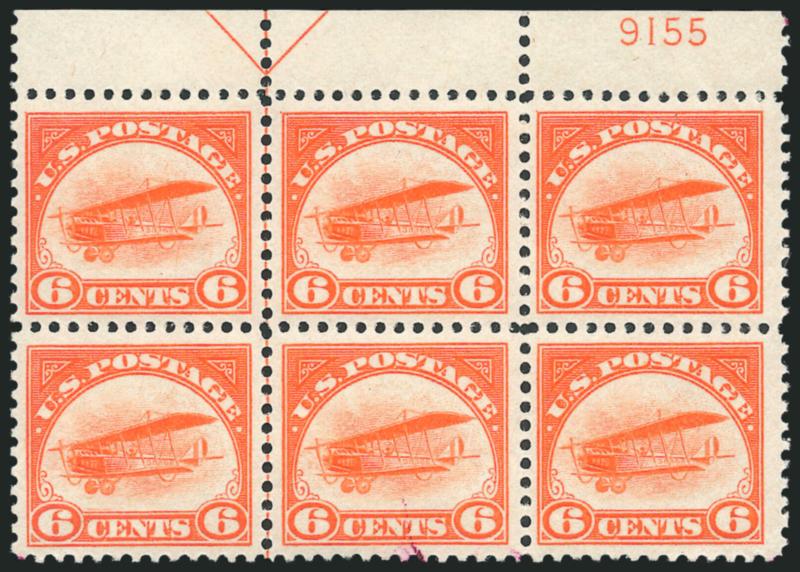6c Orange, 1918 Air Post (C1).> Mint N.H. top arrow and plate no. 9155 block of six, well-centered, tiny magenta ink mark in bottom margin of pos. 5, otherwise Very Fine